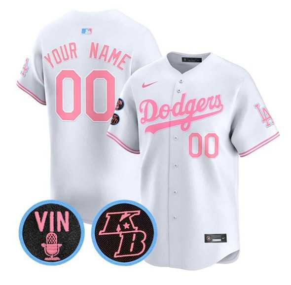 Mens Los Angeles Angels Active Player Custom White Pink With Vin & Kobe Patch Limited Stitched Baseball Jersey